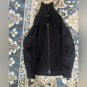 Prada Quiet Luxury Cashmere Navy Full-Zip Leather Elbow Patch Retail $1200